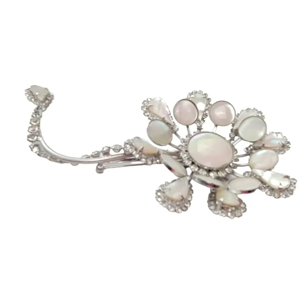 Hattie Carnegie Silvertone Statement Mother Of Pearl Clear Rhinestone Flower Pin